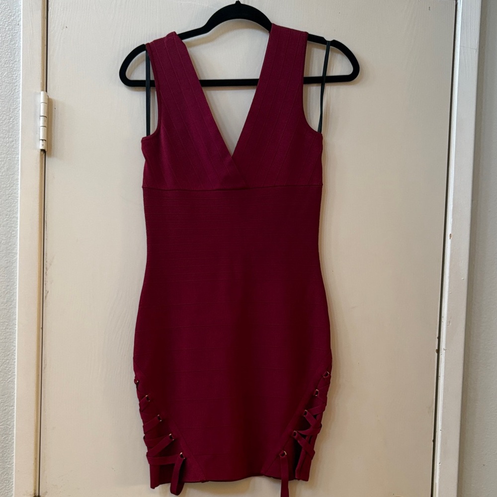 bebe Burgundy Mini Dress with Lace-Up Detail
